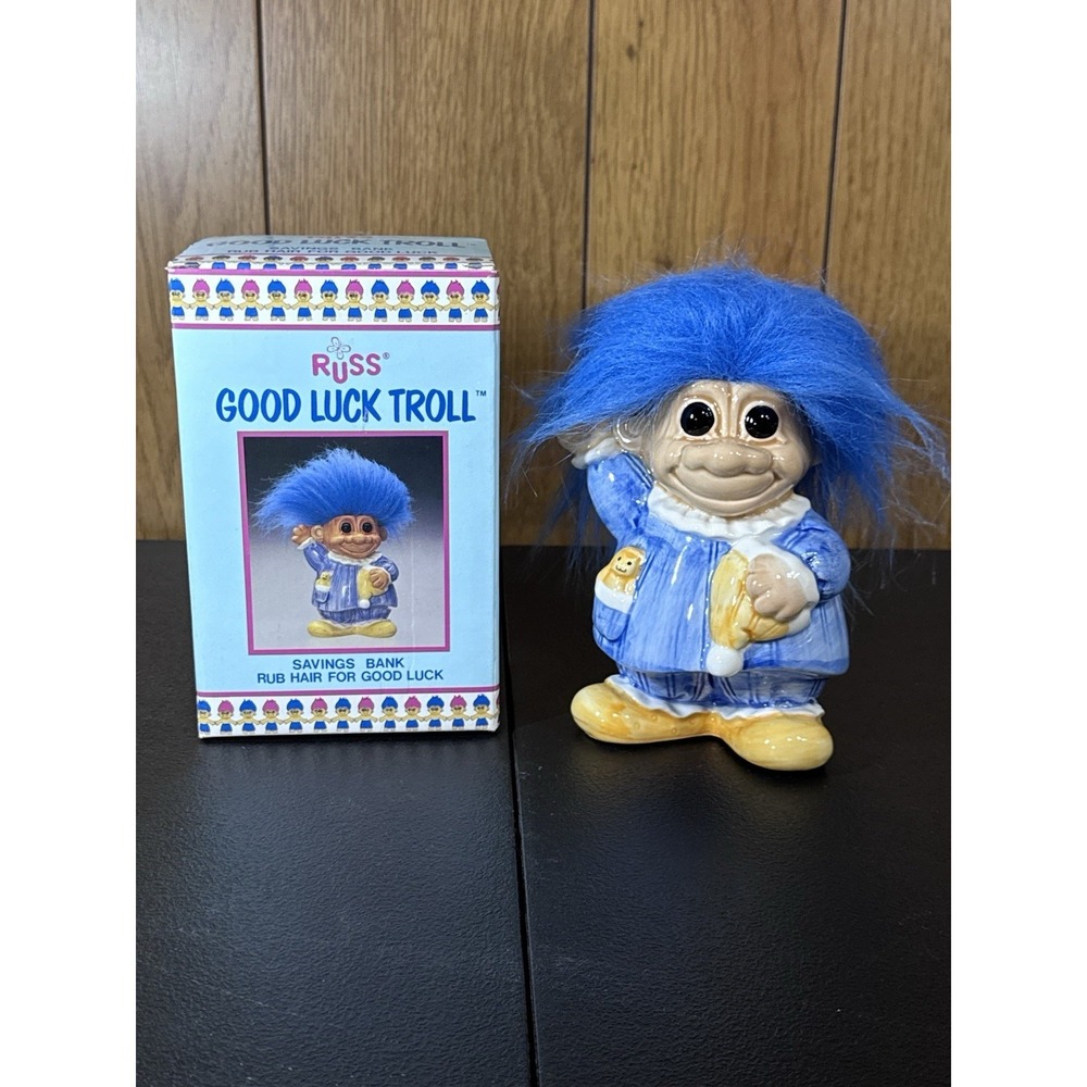 Russ Good Luck Troll Savings Bank With Blue Hair & Pajama Design, Box.